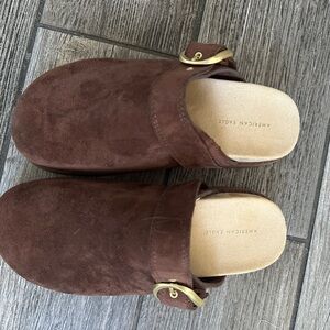 American Eagle Outfitters Brown Suede Buckle Clogs